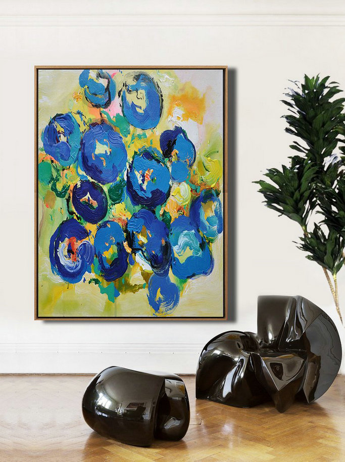 Large Abstract Painting,Vertical Palette Knife Contemporary Art,Big Painting,Blue,Yellow,Dark Blue.etc